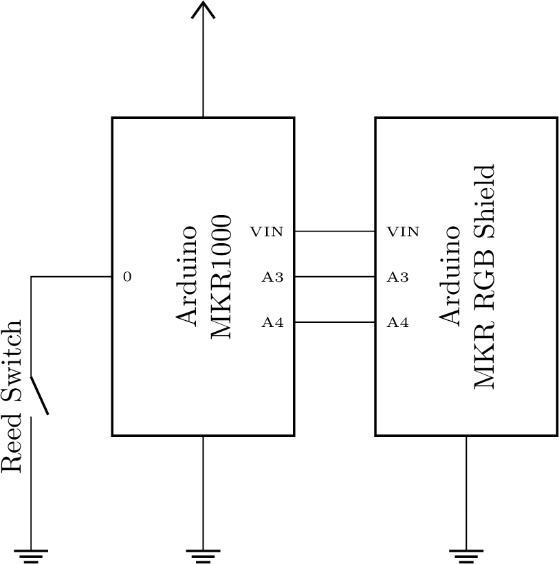 a schematic of Arduino MKR1000 and all components physically connected to it, as described in the text